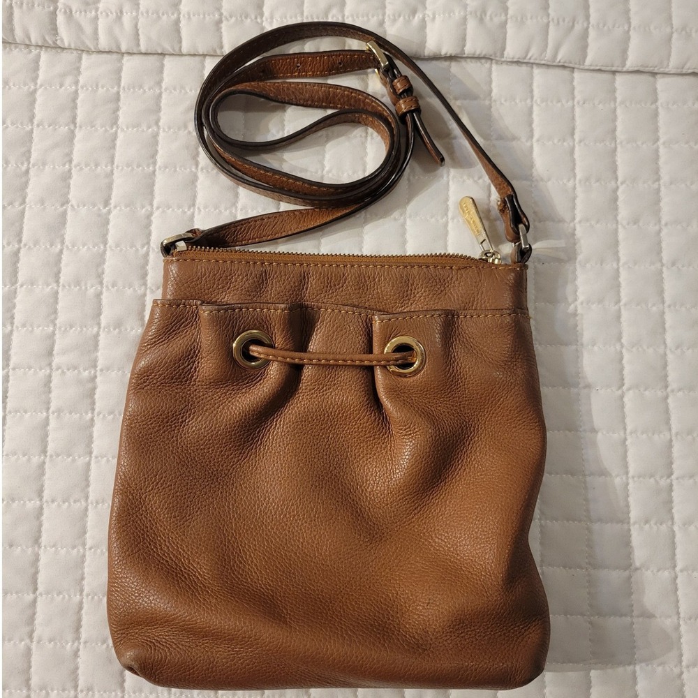VTG Michael Kors Brown Pebbled Leather Bucket Hobo Crossbody Bag Boho Minimalist
